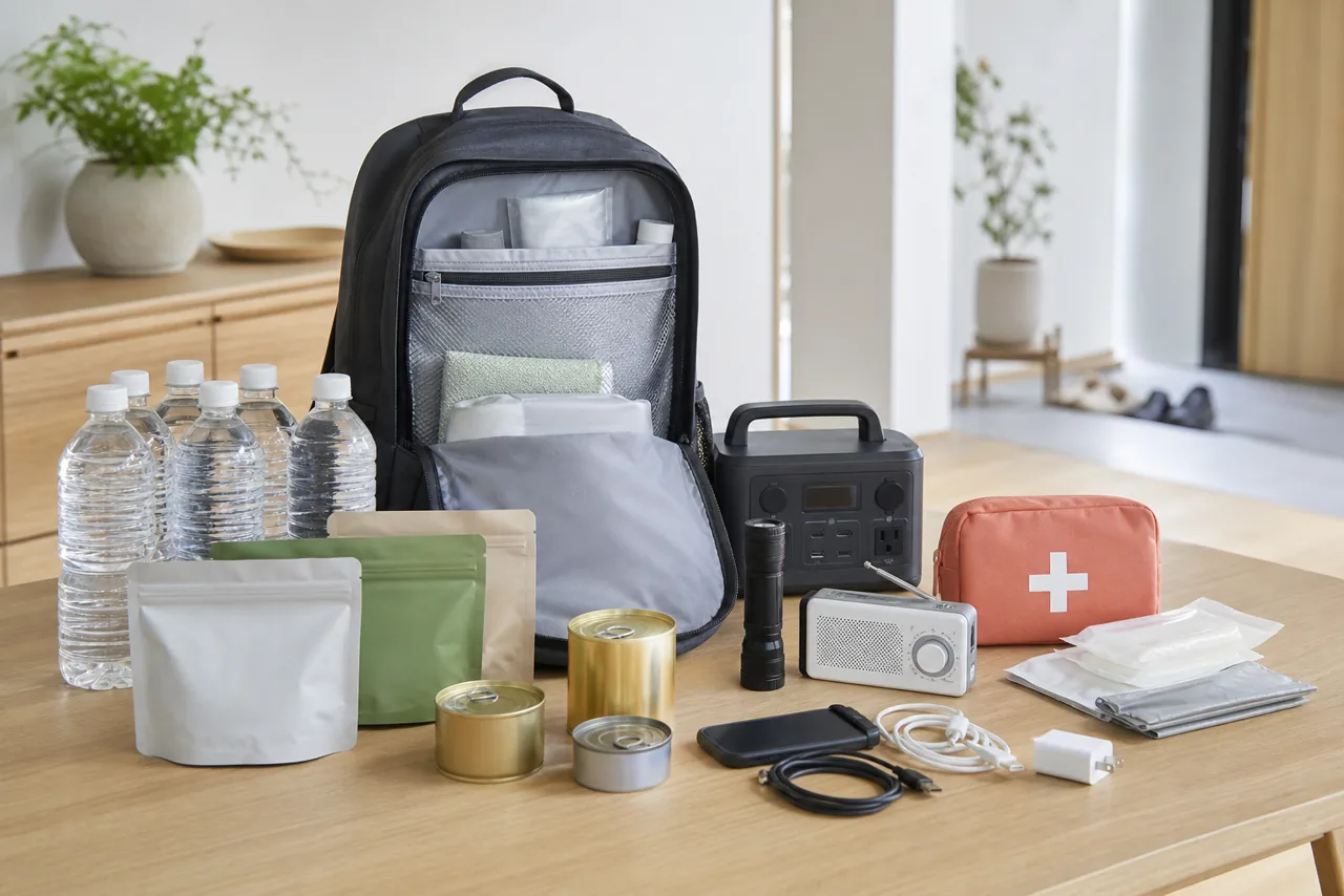水、食品、ライト、ラジオ、救急用品、ポータブル電源を整理した家庭の防災用品