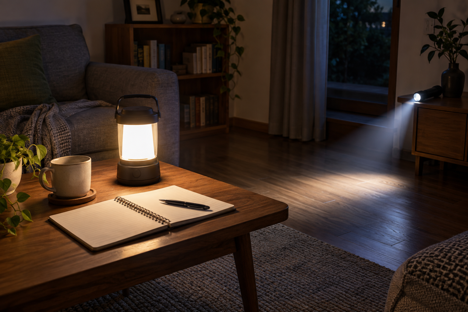 夜の室内で、卓上LEDランタンと足元を照らす懐中電灯を使い分ける様子