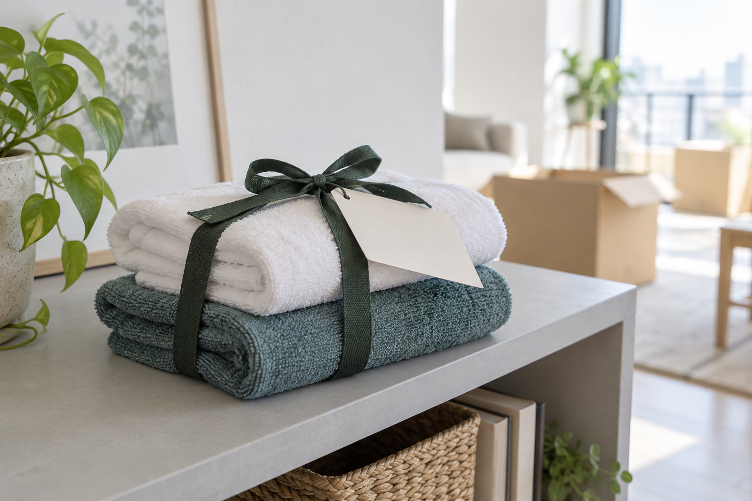 引越しの荷物がある部屋に置かれた二枚のタオルギフト